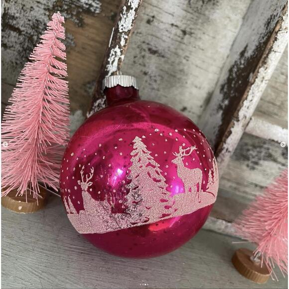 Vintage Pink Shiny Brite Glass Ornament Stencil Winter Deer Valentine Jumbo - Picture 4 of 5